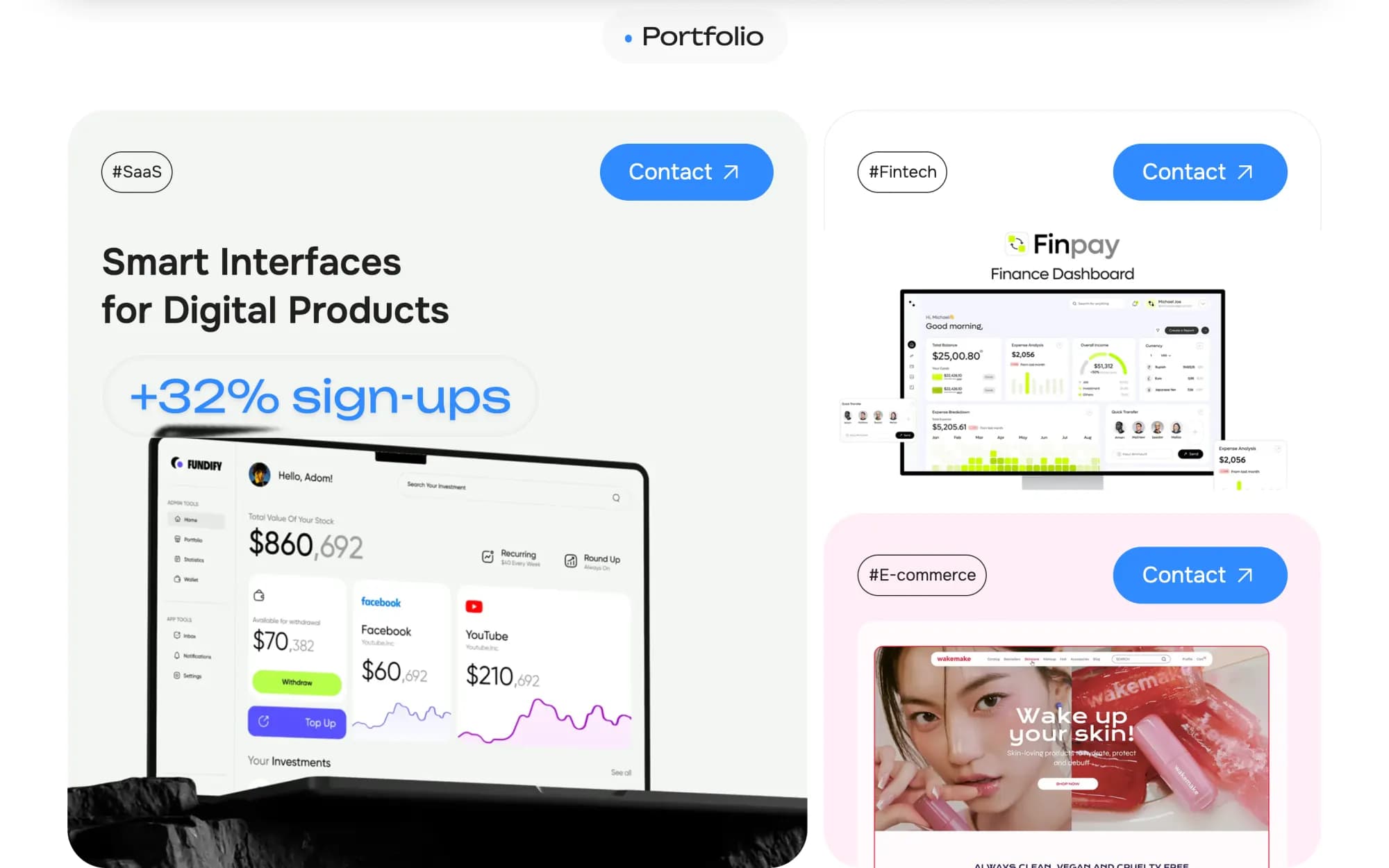 Portfolio — case cards with parallax and zoom on hover