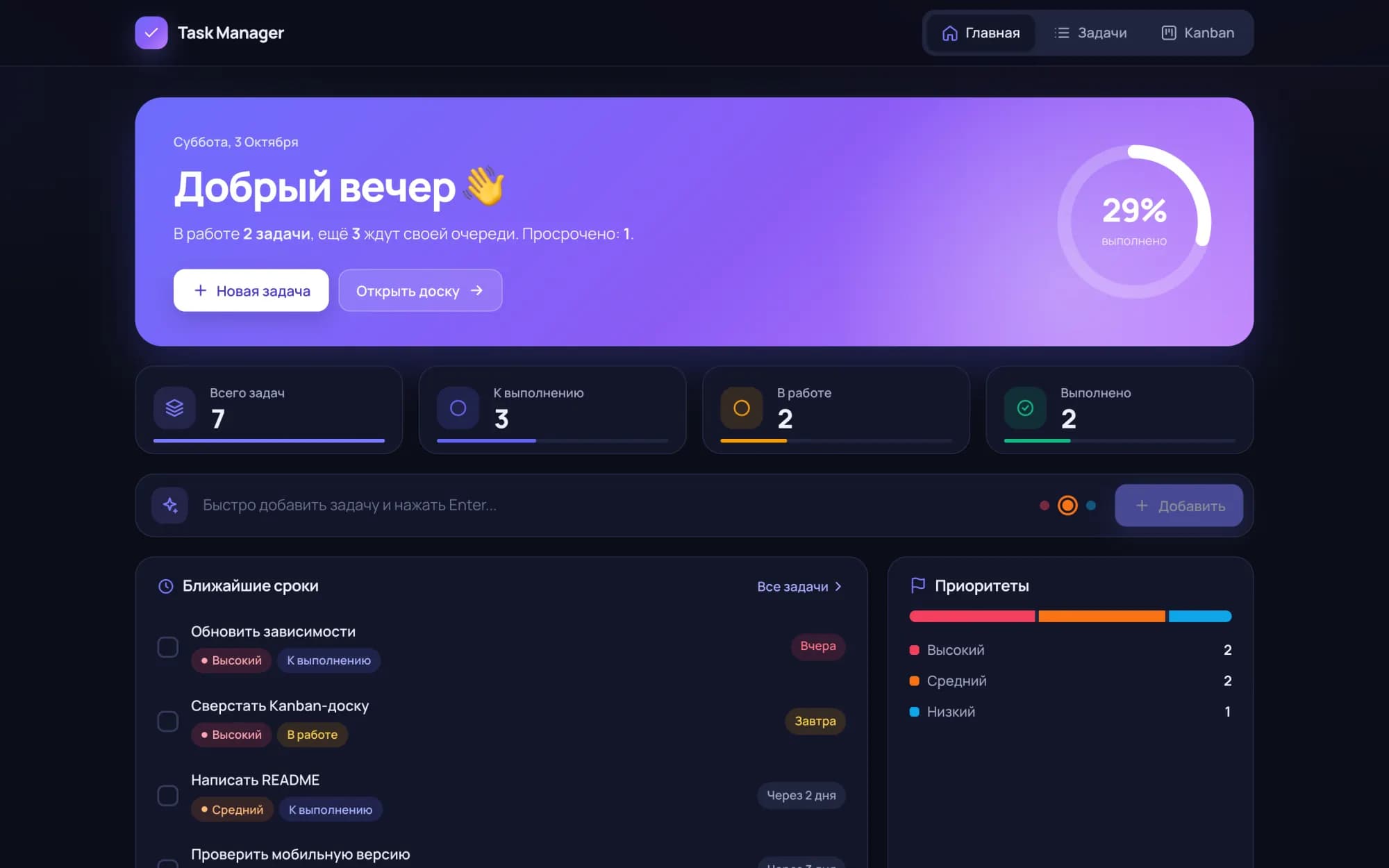 The same dashboard in the dark theme