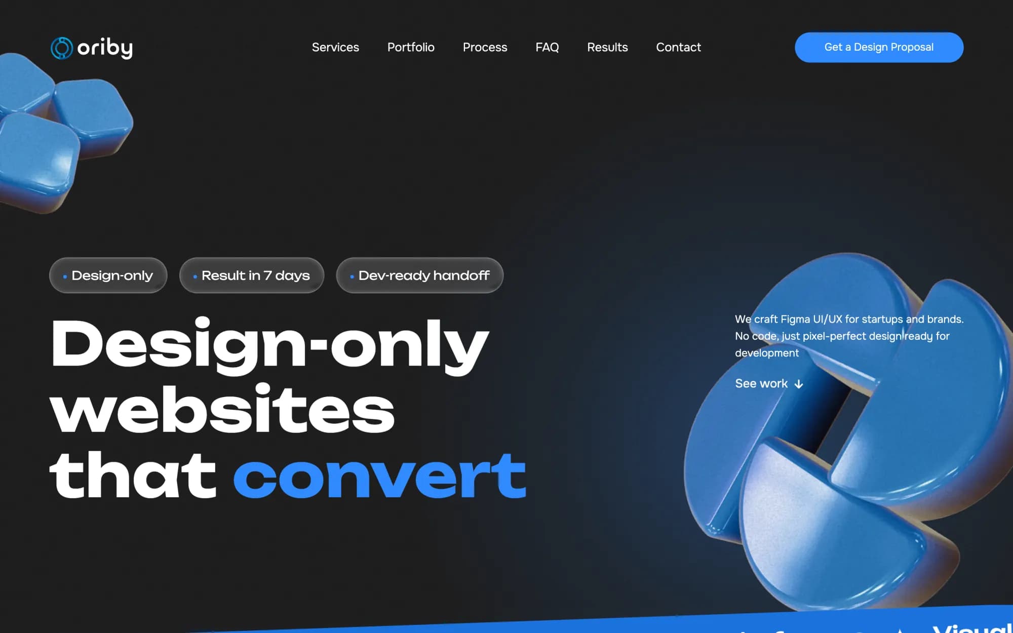 Hero — line-by-line title, 3D shapes with scroll and pointer parallax